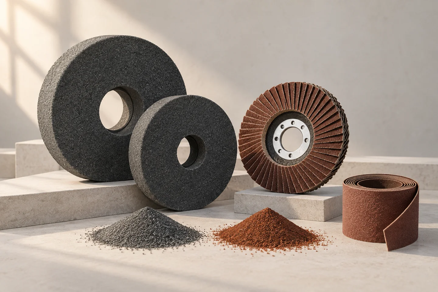 Illustrative display of abrasive wheels, sanding material and abrasive grains